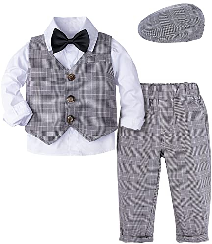 mintgreen Baby Anzug Junge, Hochzeit Taufe Smoking Gentleman Outfits mit Kappe, Graues Plaid, 18-24 Monate, 90