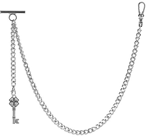 ZTA Albert Chaîne de montre de poche pour homme avec pendentif en forme de clé d'amour avec fermoir pivotant en T, Argenté., Antique