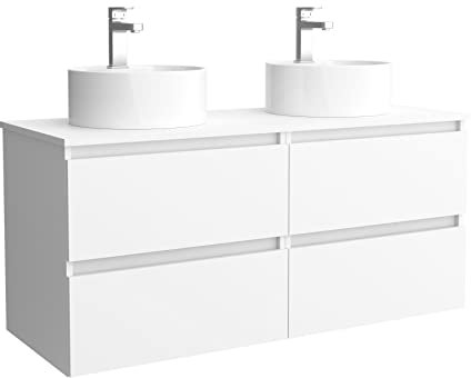 Salgar Mueble de baño Bequia 120 cm con 2 lavabos 100% montado de fábrica | Acabado Blanco Mate suspendido 4 cajones Cierre amortiguado Apertura con uñero | Lavabos sobre encimera