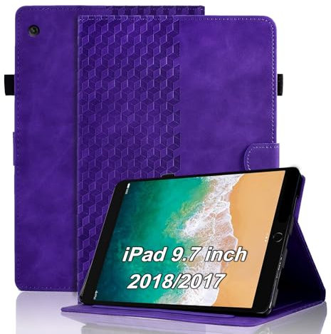 Vkooer Coque pour iPad 9.7 Pouce 2018/2017 (iPad 6ème/5ème Génération) Housse iPad Air 2, iPad Air Cuir PU Etui de Protection Flip Cover Case Treillis avec Multi-Angle Support et Poche, Violet
