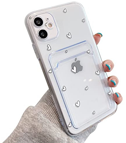 NITITOP Compatible for iPhone 11 Case Clear with Card Holder, Cute Heart Pattern Love Design for Women Girl, Protective Soft TPU Shock-absorbing Wallet Case for iPhone 11-White Heart