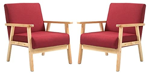 Mingone 2er Set Sessel Gepolsterter Cocktailsessel Skandinavischer Stil Loungesessel Modern Einzelsofa Massivholz für Wohnzimmer Schlafzimmer ,Rot