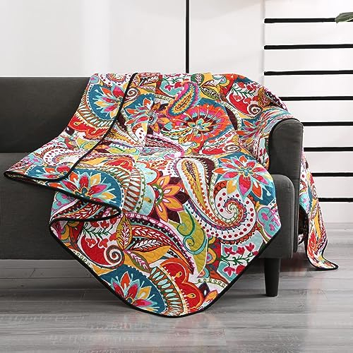 Qucover Gesteppte Überwurfdecke aus Baumwolle, weiche Boho-Steppdecke, 149,9 x 200,7 cm, leuchtendes buntes Rot, Orange, Rosa und Blau, wendbar, Paisleymuster, leichte Steppdecke für Couch, Sofa, Bett