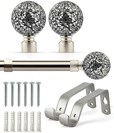Emma Barclay Extendable Curtain Pole With Finials Brackets & Fittings Sets 16-19mm in Brushed Silver Metal Curtain Poles For Eyelet Curtains Rod - Cut Glass Collection 1.2m - 2.1m Brushed Silver