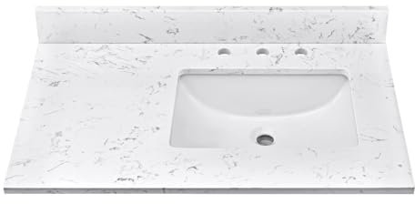 EQLOO Lavabo de baño de mármol de piedra de 36 x 22 pulgadas con fregadero derecho rectangular de cerámica empotrado, tres agujeros para grifo y protector contra salpicaduras (armario no incluido)