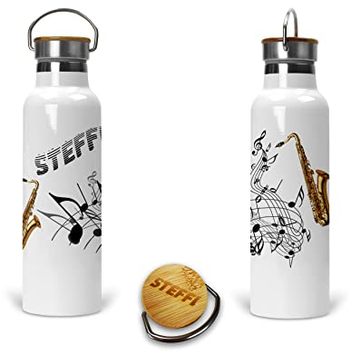 Hochwertige doppelwandige Edelstahl-Thermosflasche mit personalisiertem Musikmotiv und Namen, inklusive individuell gestaltetem Bambusdeckel - in zwei Größen erhältlich.