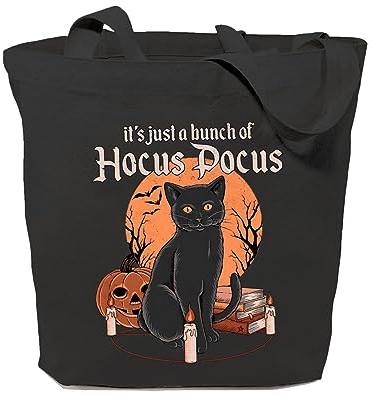 GXVUIS It's Just A Bunch Of Hocus Pocus Canvas Tote Bag for Women Halloween Black Cat Graphic Reusable Grocery Shopping Bags, Schwarz, Einheitsgröße