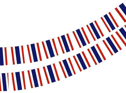 Pandiui23 Thailand Flaggenkette, 40 Stück, 11,4 m, Polyester, Gerade, Rot, Weiß, Blau