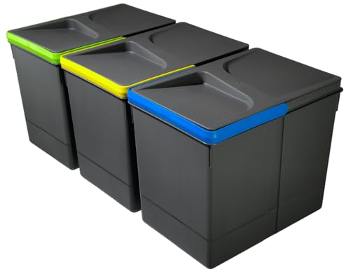 WUITOKI Juego de 3 cubos de basura de 15L, antiolores, aptos para lavavajillas, antracita, 45L, 3x15L, rectangulares, indoor, fabricados en Italia