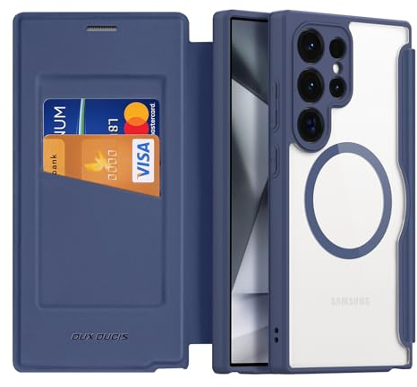 DUX DUCIS Hülle für Samsung Galaxy S24 Ultra Handyhülle mit MagSafe Transparente Anti-Kratzer Leder Flip Klapphülle mit RFID-Sperre Schutzhülle Case für Samsung S24 Ultra (6,8 Zoll, Blau)