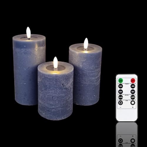Meisterhome® 3er-Set Flammenlose LED Kerzen - Blau - Rustik Design Stumpenkerze - mit Fernbedienung – mit Timer - Batteriebetrieben – Warmweiß - 10/12,5/15 cm hoch - mit flackernder Flamme