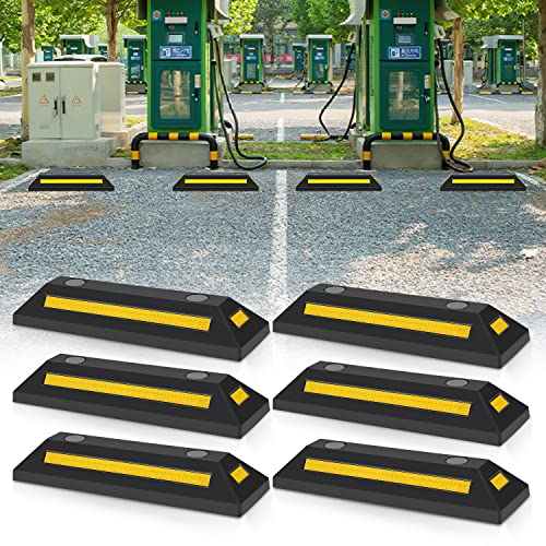 Joparri 6 Stück Radstopper Parkplatzsperren Gummi Parkplatzbegrenzer Parkbegrenzung Parkplatzmarkierung Anfahrschutz mit Gelb Reflektierende Streifen für Garage und Parkplätze