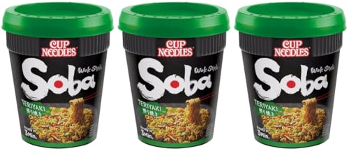 Pack Of 3 - Wok Style Soba Teriyaki Cup Noodles - Delicious Quick To Make Noodles - Enjoy Delicious Noodles In Minutes - Quick and Easy Ready Meals and Snacks - Flavoured Instant Noodles