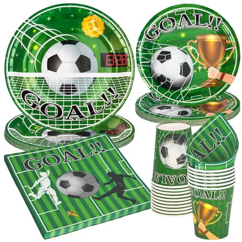 PARTY GO Ensemble de vaisselle de fête de football 96 pièces avec assiettes, gobelets et serviettes, vaisselle jetable pour anniversaire, décorations de coupe du monde de football vert, pour 24