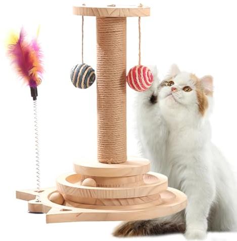 5 in 1 Katzenspielzeug Holz,CEIEVER Interaktives Katzen Spielzeug mit Hängenden Ball und Federnden Federn Katzenspielzeug aus Holz Roller 2-lagiger Drehteller für Katzen zum Spielen im Haus