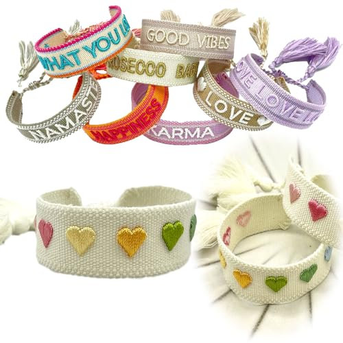 LS-LebenStil Exklusives Statement Armband Quasten besticktes Boho Canvas Webarmband (Herzen Multi Colour Bunt)