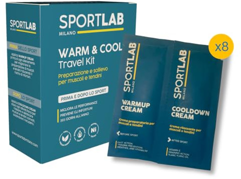 SPORTLAB Milano - WARM & COOL Travel Kit - Vorbereitung und Entlastung für Muskeln und Sehnen | Wärmecreme für Muskeln vor dem Sport und zur Entmüdung der Muskeln nach dem Sport | 8 Doppeldosen (8 ml