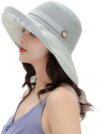 KorhLeoh Netz-Sonnenhüte für Damen, UV-Schutz, breite Krempe, Sommerhut, Strandhut, Sonnenschutz, Fischerhut mit Kinnriemen, grau, Einheitsgröße