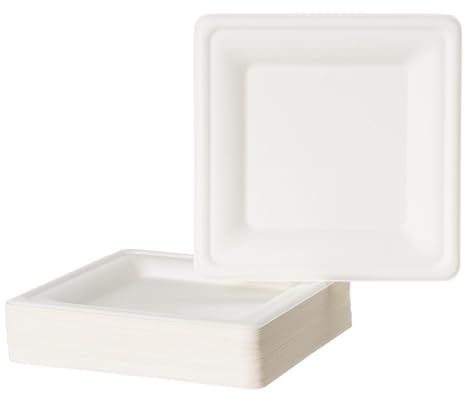 BEST PRODUCTS 200 Platos Caña de Azúcar Desechables Ecológicos Biodegradables Compostables y Reciclables Para Fiestas Cumpleaños Comuniones Cuadrados Postre Blancos 16x16cm