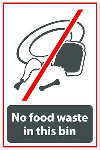 No food waste in this bin, red and grey sign - Self adhesive sticker (200mm x 150mm)