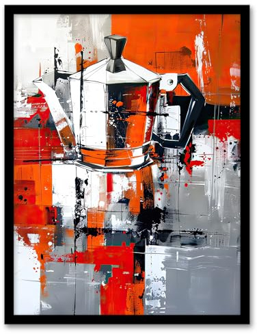 Artery8 Moka Coffee Pot Abstract Orange Grey Painting Kitchen Artwork Framed Wall Art Print 18X24 Inch