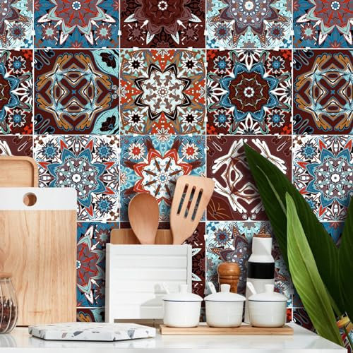 TOARTI 18 Stück Bunt Fliesenaufkleber,Mosaik Küche Wandfliese Aufkleber,Marokkanischer Fliesenfolie Badezimmer,Treppenaufkleber Wandfliese Aufkleber,Wasserdicht Selbstklebende Fliesensticker,15×15CM
