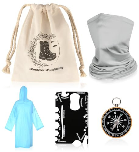IMPPTE Wanderer Wundertüte Wanderzubehör Enthalten Multitool Karte Schlauchschal Halstuch Taschenkompass Kletterkarabiner Einweg Regenponcho Wundertüte für Erwachsene Mann Frau Wanderer