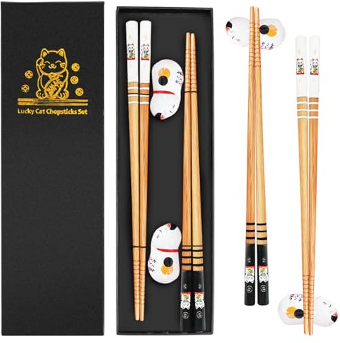 BAIFULAI Juego de 2 pares de palillos de sushi, palillos de sushi de madera con soporte de cerámica, palillos de chopsticks sostenibles, japoneses, chinos, coreanos, taiwaneses, regalo japonés (gato)