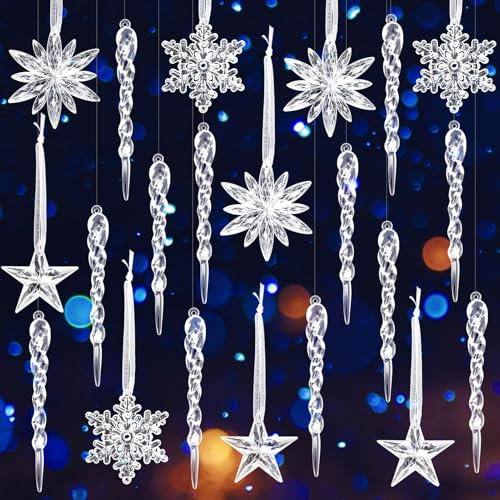 MELLIEX 21 Stück Christbaumschmuck Eiszapfen Schneeflocken, Weihnachten Deko Kristall Anhänger Acryl Transparentes Eiszapfen Weihnachtsanhänger Winter Dekorationen
