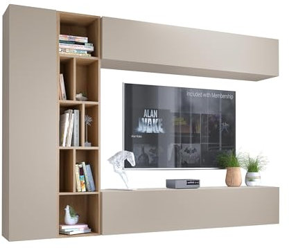 Wohnwand Kodita, Anbauwand, Fernsehschrank, Schrankwand, Mediawand, Wandregal, Schrank, TV-Lowboard (Cashmere/Eiche Cremona)