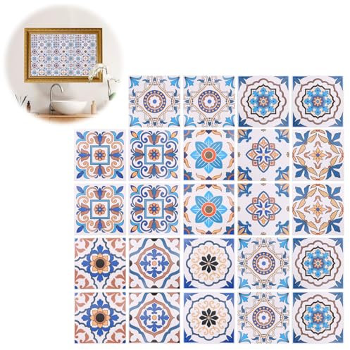 24 Moroccan Tile Stickers for Kitchen, Bathroom Self Adhesive Wall Tiles Stick Peel and Stick on Tiles Vinyl Waterproof Vintage Transfers Covers Decals for Stairs DIY Home Decors (10x10cm, 6x6 in)