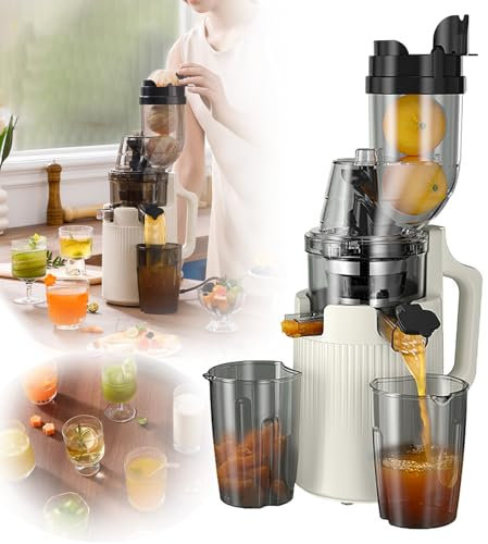 QIeAny Exprimidor Masticador De Velocidad Lenta con Tasa De Jugo Puro del 98%, Exprimidor Fresco Silencioso De 600ML, 200W + 9CM De Diámetro + Filtro De 0.1MM + Separación De Jugo Residual,White