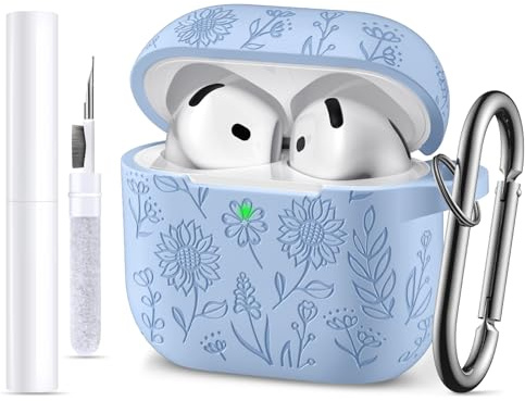 DaQin for Airpods 4 Case, Cute Flower Engraved Silicone Protective Cover with Cleaner Kit & Keychain Compatible with Apple Airpods 4 Case 2024 for Women, Lilac