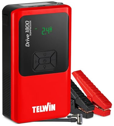 Telwin Drive 1800 Kompressor, Démarreur Booster Multifonction 12V Portable et Ultra-Compact pour Voiture, Moto, Bateau avec Compresseur Intégré, Powerbank et Lampe LED, 1800A démarrage Max