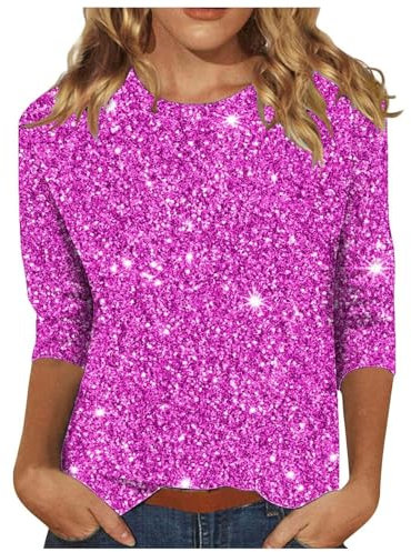Glitzer Oberteile Damen Pailletten 3/4 Ärmel Oberteil Rundhals Elegant Bluse Sexy Slim Fit Shirt Baumwolle Club Langarmshirt Glänzend Tops Modern Glitzertop Weihnachtsshirt für Party Festliche