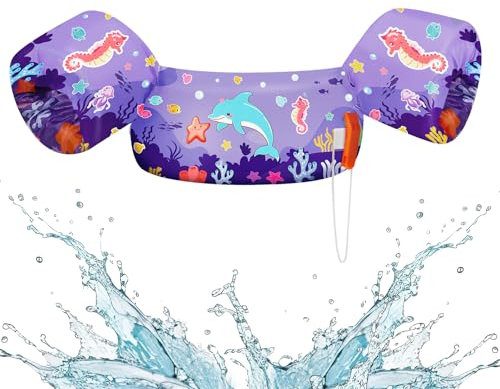 HeySplash Chaleco de Natación para Niños, Manguitos Flotantes para Nadar Piscina Flotadores de Brazos Duraderos con Banda Ajustable y Hebilla Segura para Niños de 10-20 kg, Delfín Morado Azul