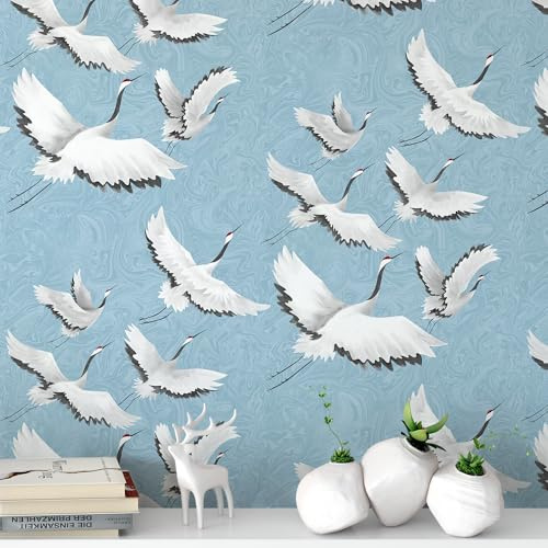 Peel and Stick Wallpaper for Home Decoration Kitchen White Crane Blue Wallpaper Removable Vinyl Self Adhesive Shelf Paper & Drawer Liner Roll House, Workshop & Office 17.3 x 118 TH8096-3