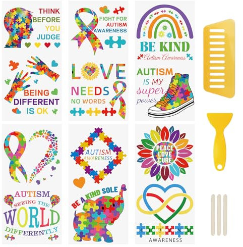 WANDIC 6 Stück Transfer-Aufkleber, Autismus-Thema, Transfer-Aufkleber, Autismus-Bewusstseinsaufkleber für Möbel, Scrapbooking, Fenster, 15 x 30 cm