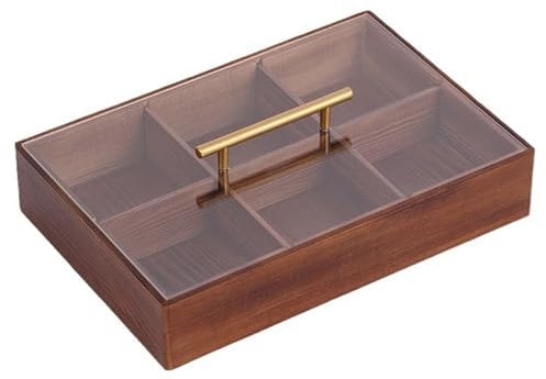 Square Serving Tray with Lid 6 Compartments, Divided Wooden Tray with Lid, Fruit Tray Snack Box 6 Compartment Dry Food Organizer Food Platter, for Nuts, Dry Fruits, Candy, Tea Bags