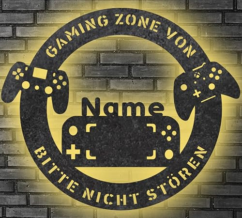 WALUNA® Gaming Geschenk Led für Gamer Game Zone Modernes Geburtstagsgeschenk Deko Zubehör für Gaming Zimmer - RGB Gaming USB personalisiert mit Name Deko in 12 Holzfarben (G04)