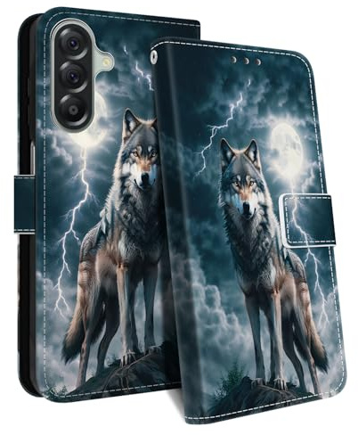HopMore Handyhülle für Samsung Galaxy A56 5G Hülle, PU Leder Klapphülle Kartenfach Standfunktion Schutzhülle Stoßfeste Tasche Wallet Flip Case mit Muster Handytasche für Samsung A56 5G, Wolf A