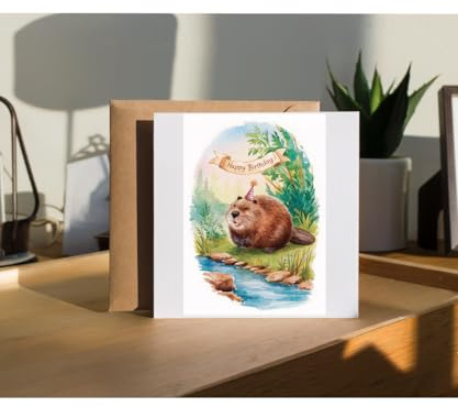 Hippowarehouse Happy Birthday cute beaver watercolour Personalised Card. 15cm x 15cm with envelope for him for her Funny Cards for Men and Women Blank inside option