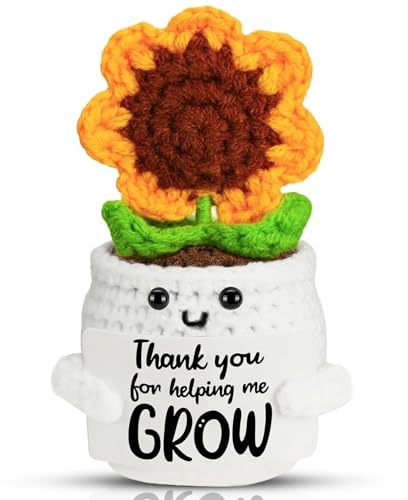SHUCHNOYE Gehäkelte Positive Danke Sonnenblume Glücksbringer weiß mit Blumentopf Wachsen Helfen Geschenk für Dankeschön Abschied Abschluss Freundin Kollegin Erzieherin