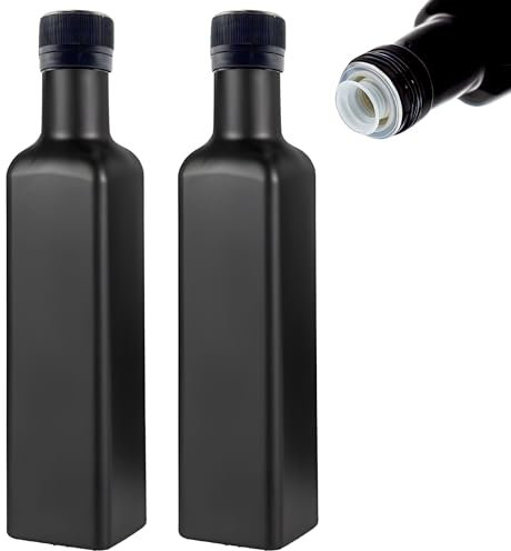 mikken 2 x Ölflasche 250 ml mit Ausgiesser Ölspender Glasflasche schwarz inkl. Etiketten