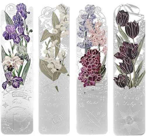 Metall-Lesezeichen, 4er-Set, Silberne Blumen-Seitenmarker, Geschenkidee für Buchliebhaber, Lehrer und Studenten