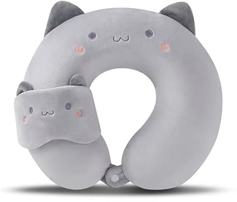 Rthynti Cute Animal Airplane pillow, Memory Foam Neck Support Pillows, Travel Pillow Kids Travel Pillow Cute Cartoon Plane Pillow for Travel Soft Memory Foam Neck Pillow(Grey Cat)