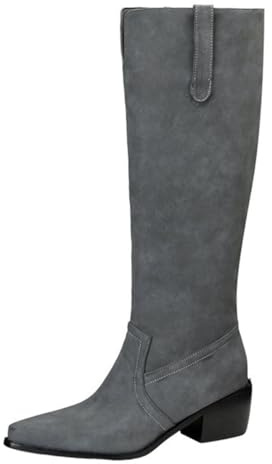 Qynthra Stivali Western Donna Stivali Texani al Ginocchio Punta A Punta Tacco Largo in Microfibra Scamosciata per Autunno Inverno Serata & Cocktail,Grigio,35 EU