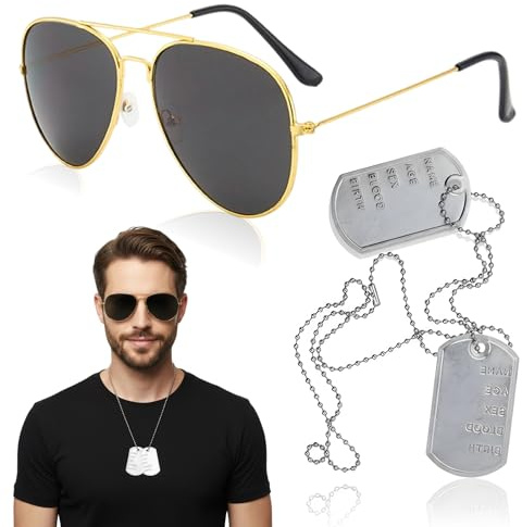 ZYLOUY 2 Stück Flieger Kostüm Set, Sonnenbrille und Halskette, Silber Erkennungsmarke Metall, Fliegerbrille, Kostüm Damen, Pilot Herren, Stilvolles Set für besondere Anlässe