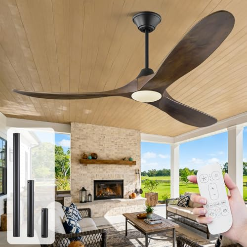 MSHENUED Ventilador de techo exterior de 152 cm con luz y mando a distancia, 3 aspas de madera maciza, alto flujo de aire y silencioso. Acabado nogal, diseño rústico para terraza e interiores