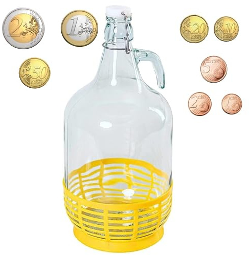 MIKONI Sparflasche Flasche für 1- und 2-Euro-Münzen Sparbüchse Spardose 5L Flasche mit BÜGELVERSCHLUSS Glasballon Weinballon Bügelflasche Glasflasche Bügelverschlussflasche